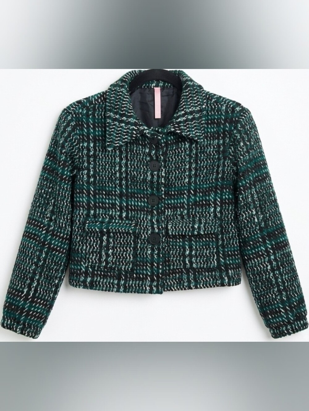 Green & Black Cropped Plaid Pattern Jacket Fold Over Collar M